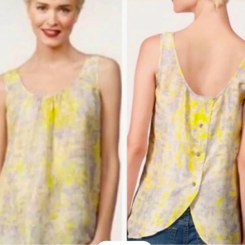 CAbi Whisper Silk Button Back Yellow and Gray Sleeveless Blouse- Small
